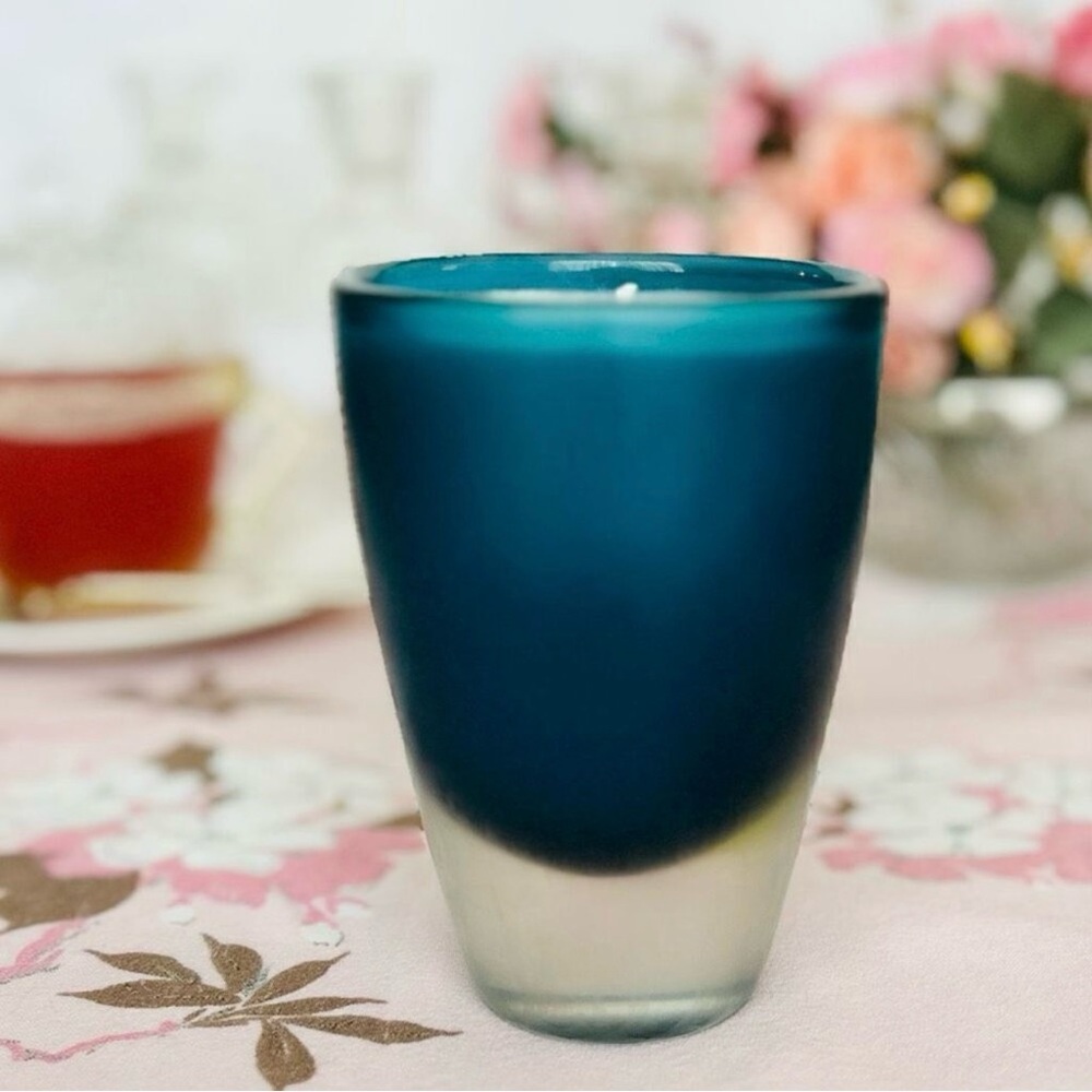 Mid Century Modern Frosted Teal Blue Glass Secret Forest Hand Poured Soy Candle